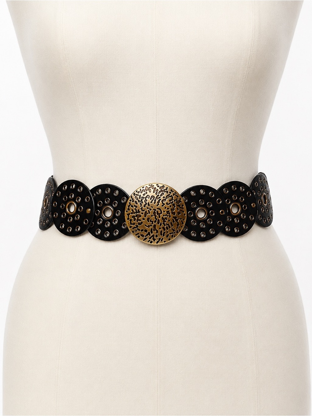 Vintage Black Leather Disc Concho Waist Belt Gold Statement Boho Western
